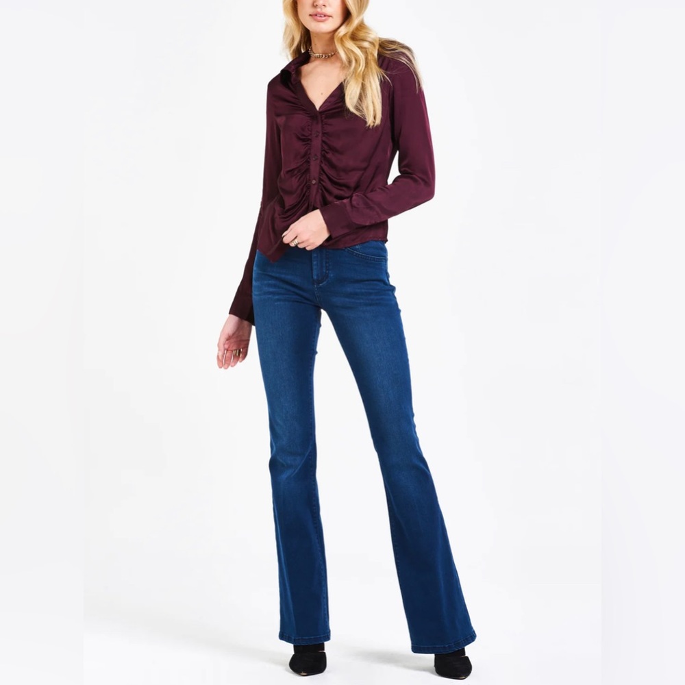 DEAR JHON SAYLOR GATHERED FRONT SHIRT CHERRY MARMALADE WOMENS LONG SELEEVE SZ M